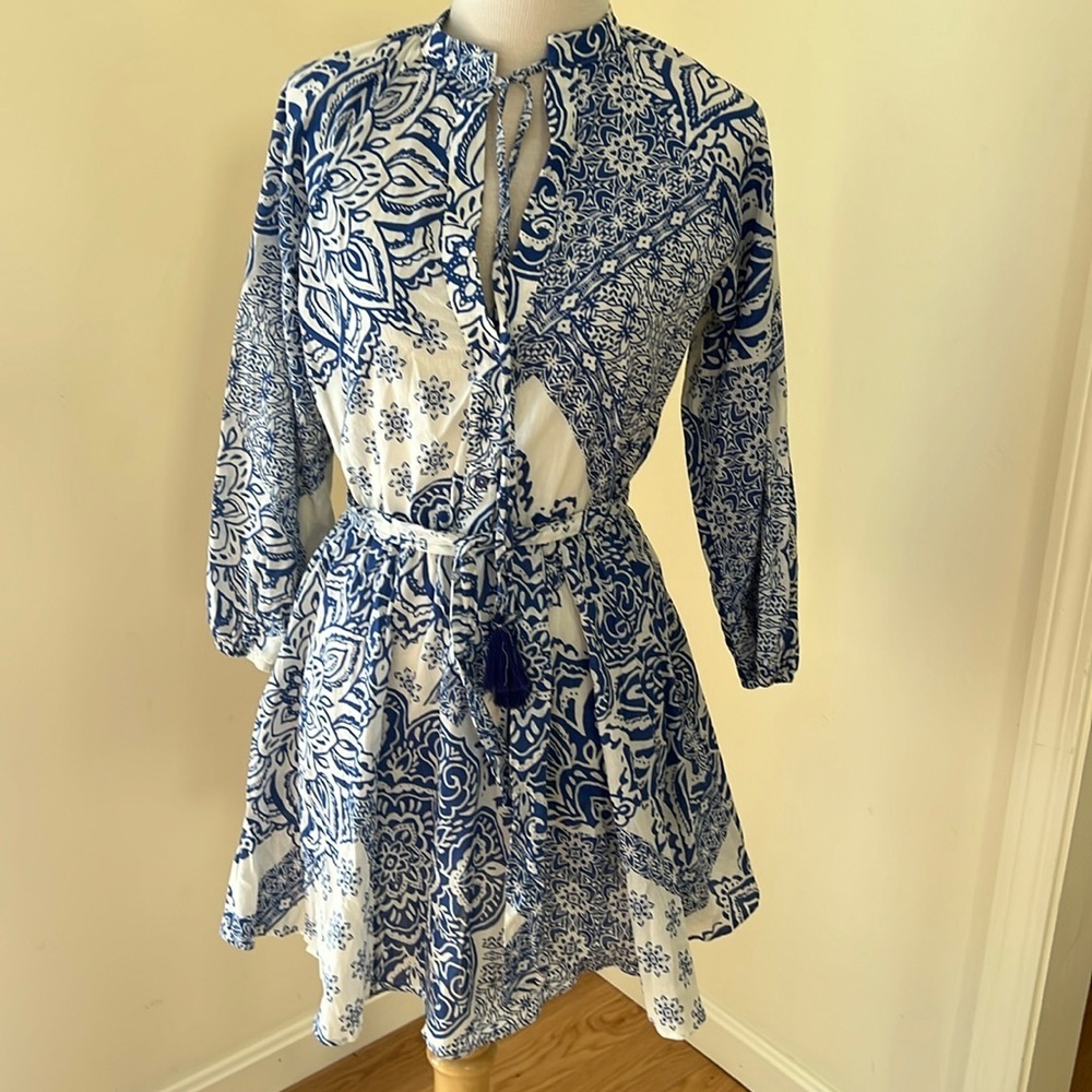 NWOT! Zara XS blue combo printed cotton belted dress.